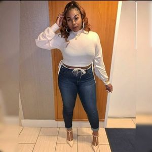 Creme Mock neck Lantern Sleeve w Drawstring Side Crop top size XL Shein